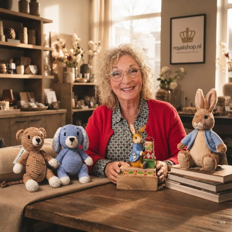 Nynke van Zon aan tafel tussen gehaakte knuffels, Pieter Konijn en een Jim Shore-beeldje