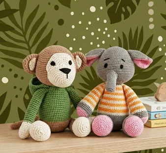 Twee gehaakte knuffels: een aapje en een olifant